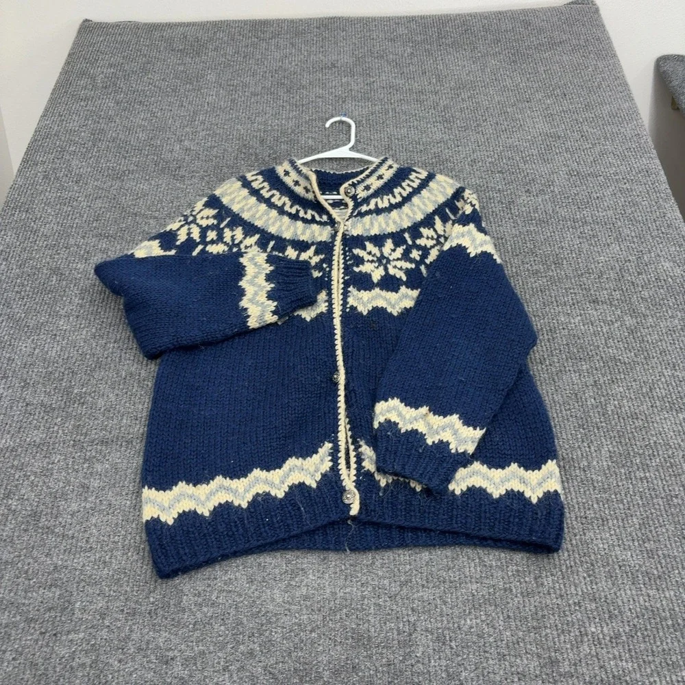 Vintage Cardigan Womens L Blue Wool Nordic Fair Isle Snowflake Chunky Boho Style